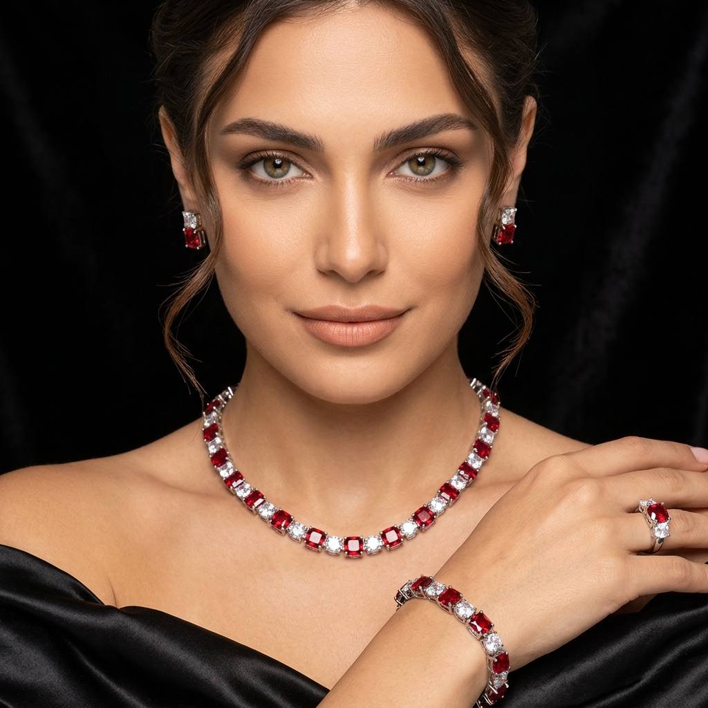Omnia Alya Red and White Bridal Full Set in High Quality Simulated Diamonds Rhodium Plated