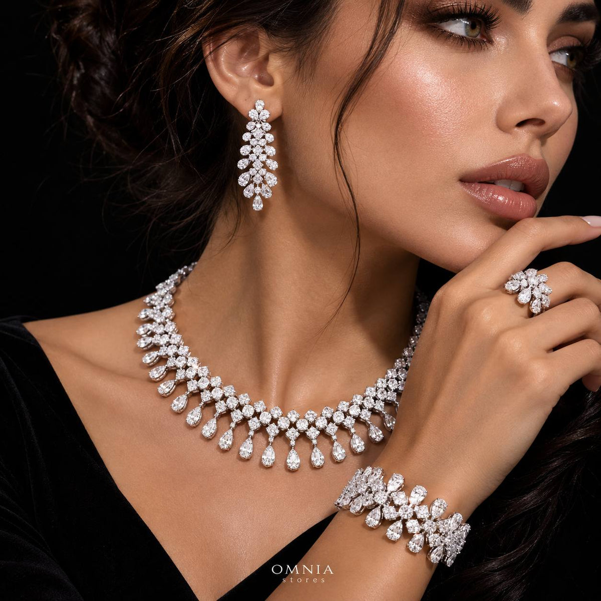 Omnia Amani White Luxury Bridal Full Set in High Quality Zircon Stone Premium  Rhodium Plated