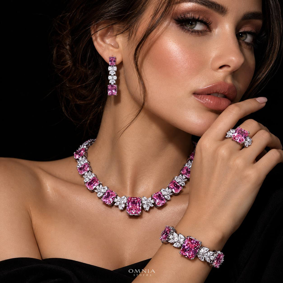Omnia Amelia Pink Bridal Full Set with High Quality Simulated Diamonds Premium Rhodium Plated