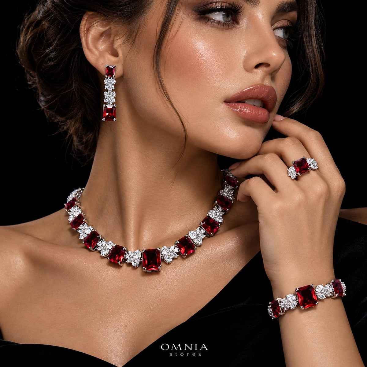 Omnia Amelia Red Bridal Full Set in High Quality Simulated Diamonds Premium Rhodium Plated