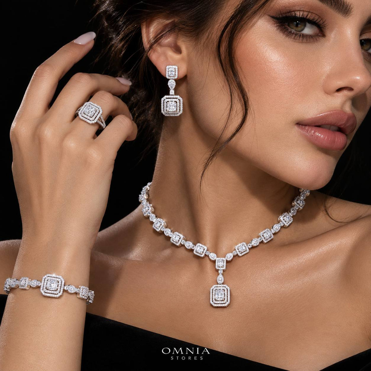 Omnia Aniyah White Luxury Bridal Full Set in High Quality Zircon Stone Premium Rhodium Plated