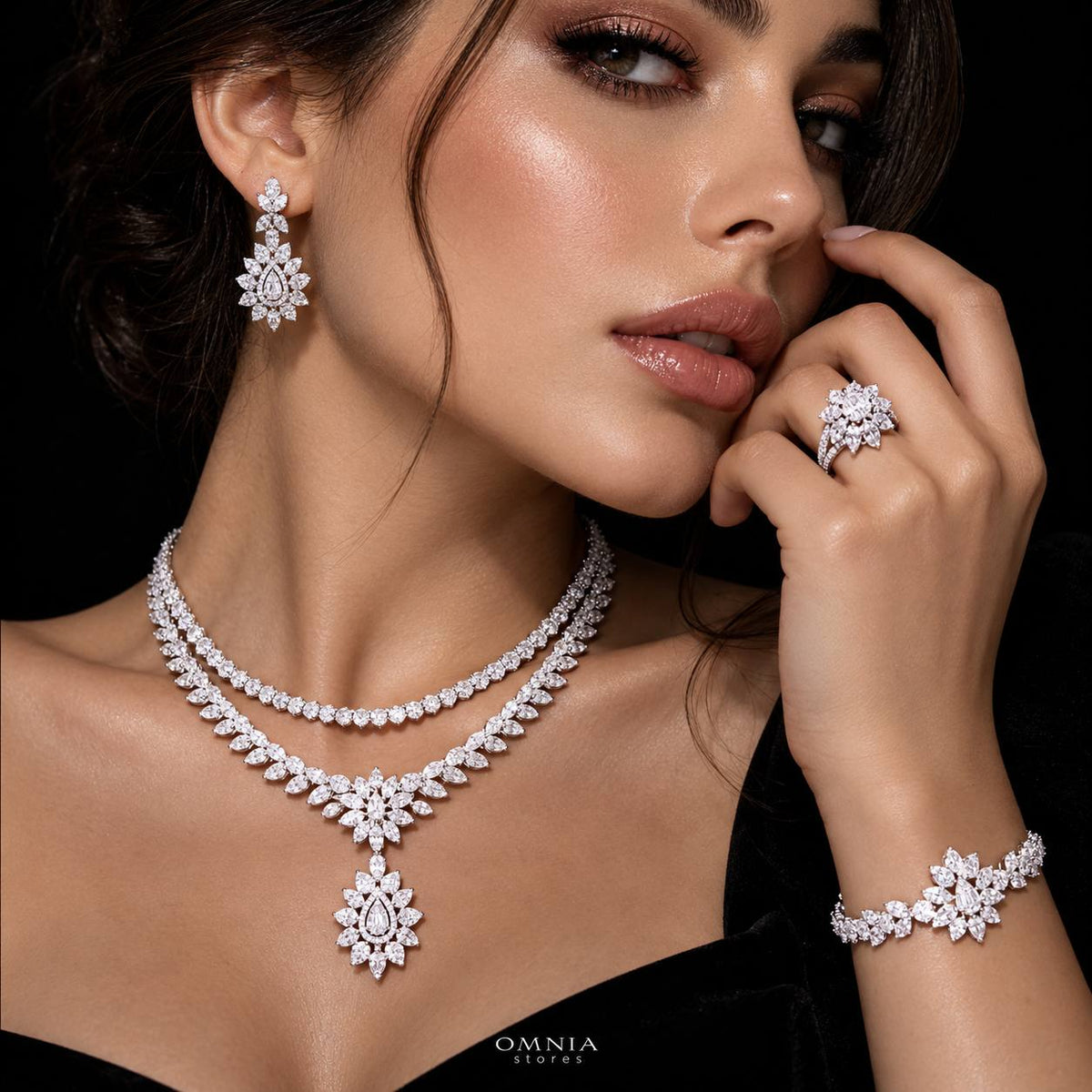 Omnia Aqsa White Luxury Bridal Full Set in High Quality Zircon Stone Premium Rhodium Plated