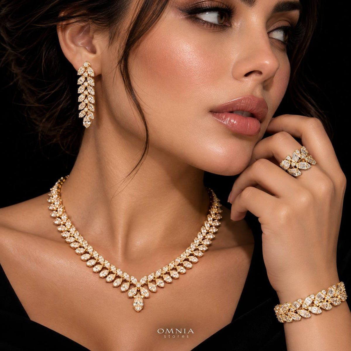 Omnia Aseel Gold Bridal Full Set Accessories in High Quality Zircon Stone Premium Rhodium Plated