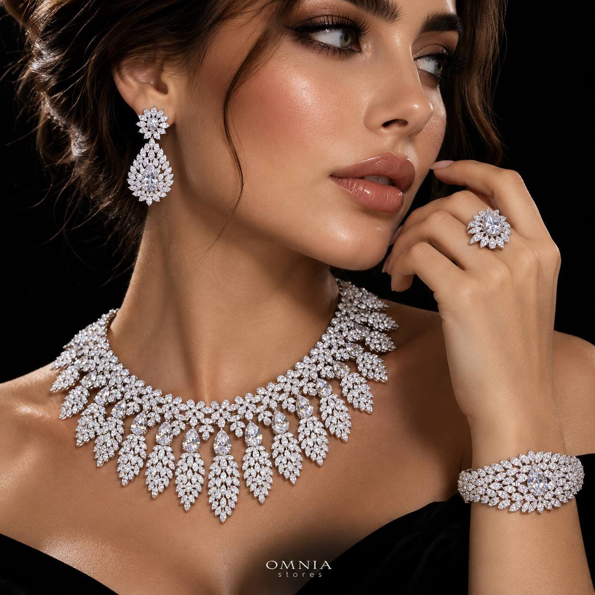 Omnia Asrar White Bridal Full Set in High Quality Zircon Stone Premium Rhodium Plated(16cm only available in KSA)