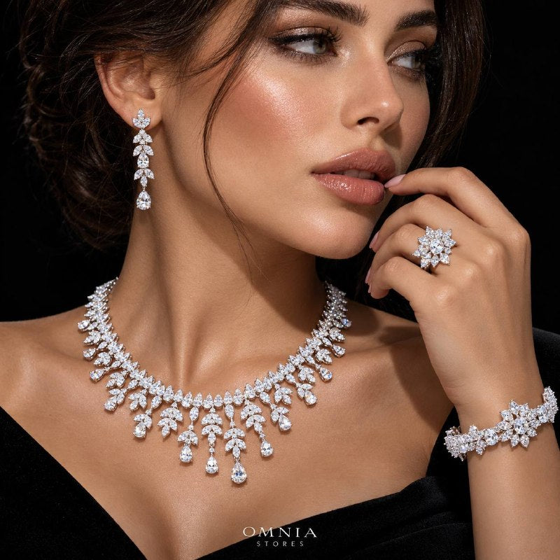 Omnia Aylara White Luxury Bridal Full Jewelry Set with High-Quality Zircon Stones Premium Rhodium Plated