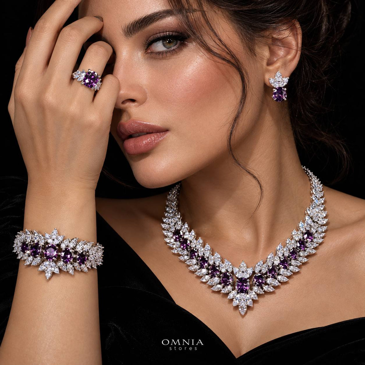 Omnia Buthaina Purple Bridal Full Set High Quality Simulated Diamonds Premium Rhodium Plated