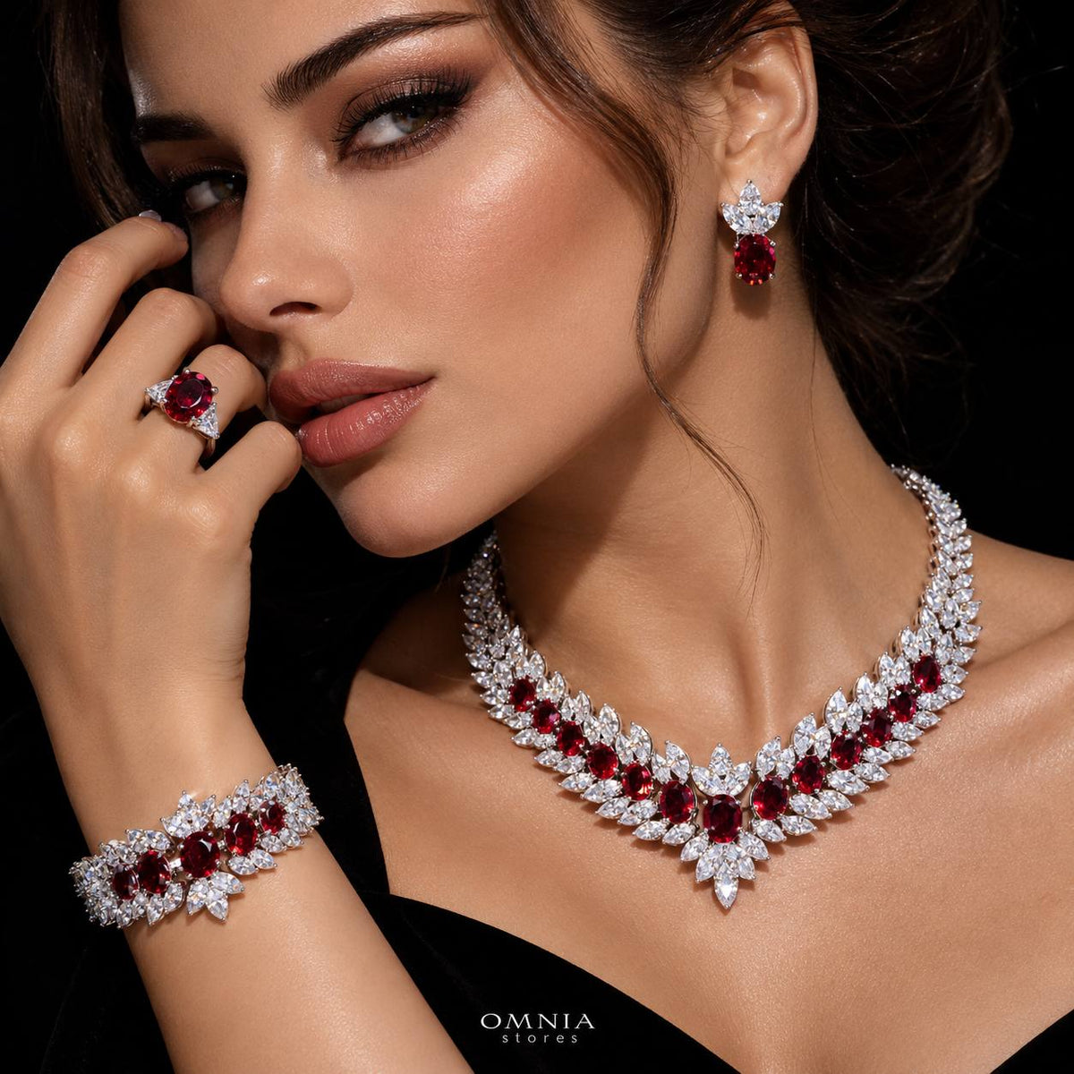 Omnia Buthaina Red Bridal Full Set High Quality Simulated Diamonds Premium Rhodium Plated