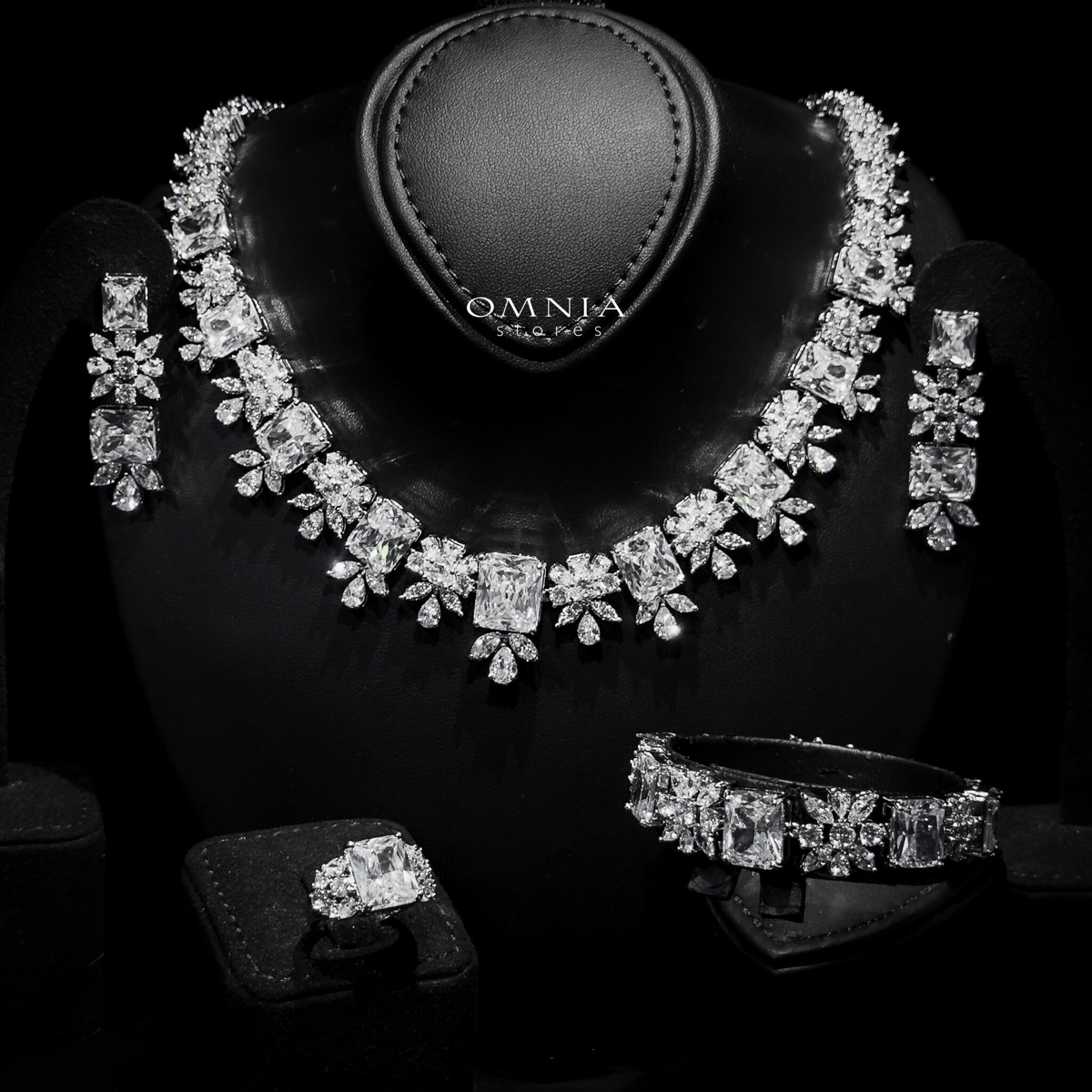 Omnia Charlotte Pure White Bridal Full Set with Emerald and Pear-Cut High-Quality Simulated Diamonds Rhodium Plated (16 cm only available in KSA)