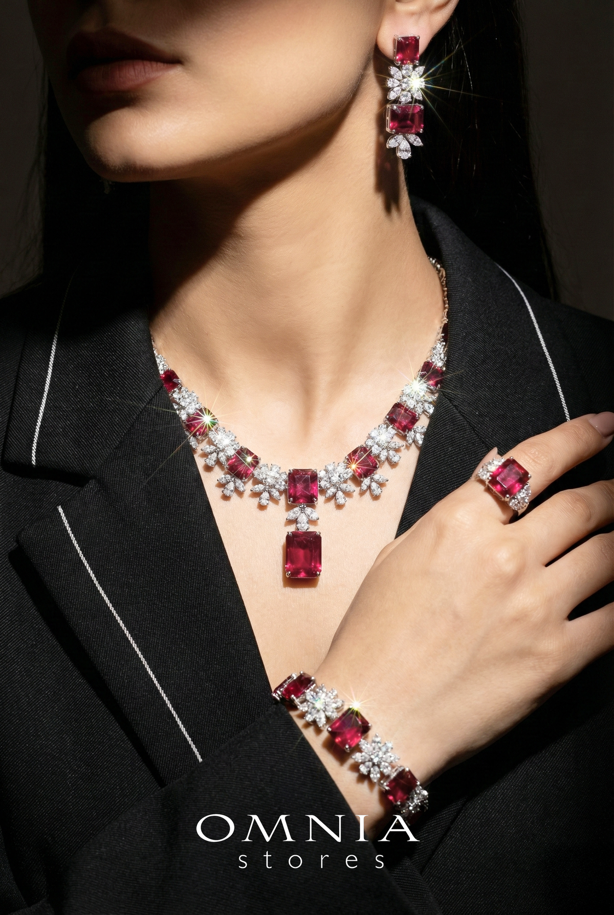 Omnia Charlene Red Bridal Full Set with Radiant and Pear-Cut High-Quality Simulated Diamonds Rhodium Plated - OMNIASTORES UAE