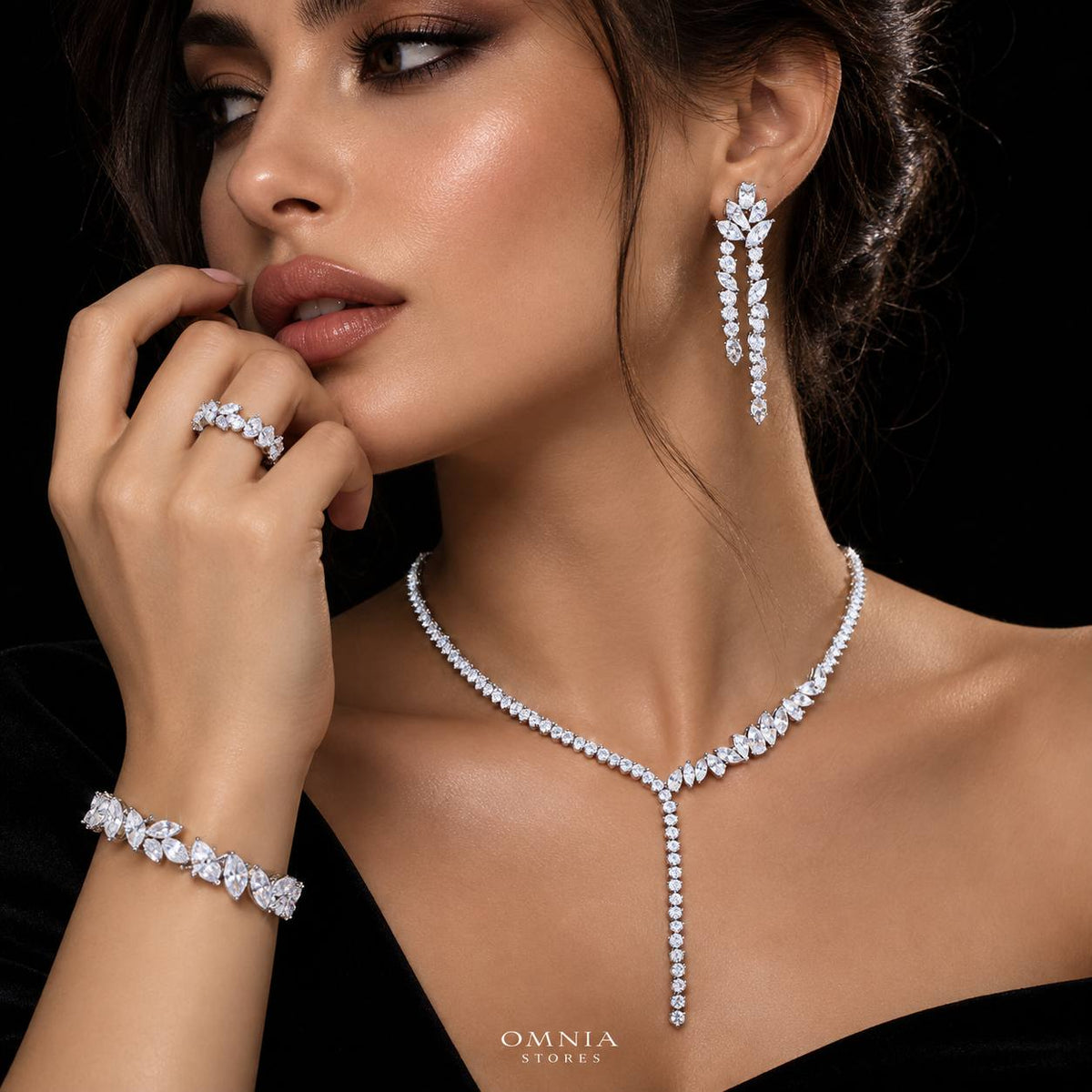 Omnia Claire White Bridal Full Set in High Quality Zircon Stone Premium Rhodium Plated