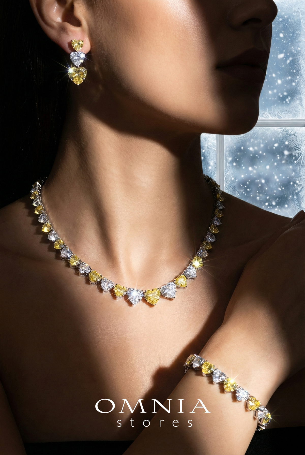 Omnia Donatella Yellow Luxury Bridal Full Set with Heart-Cut High Quality Simulated Diamonds Premium Rhodium Plated - OMNIASTORES UAE