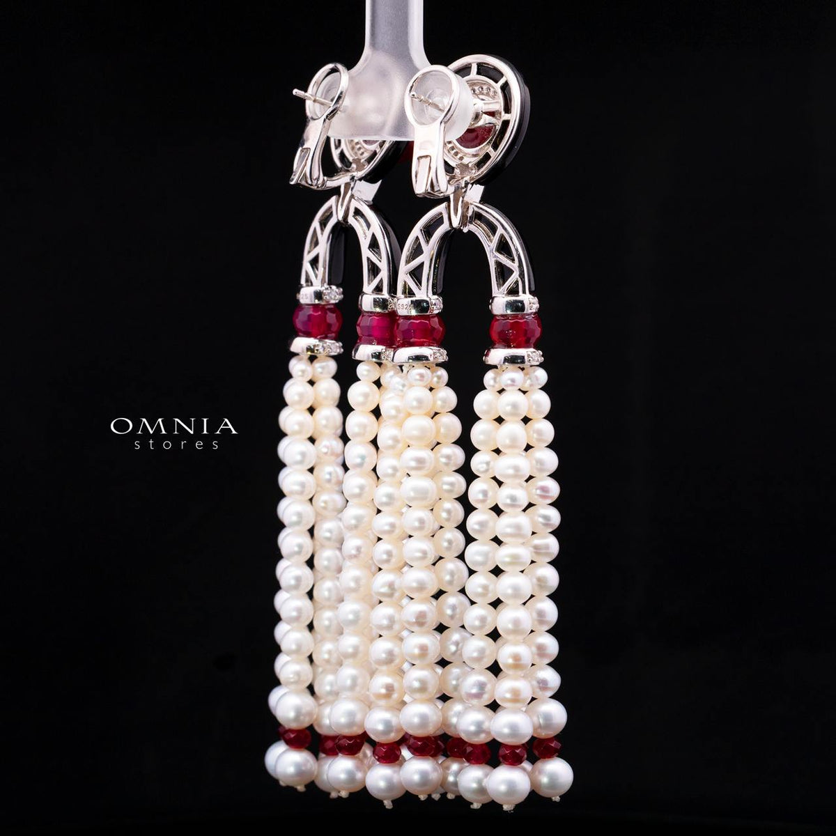 Irfana Red Pearl Drop Earrings with High-Quality Premium Simulated Diamonds in 925 Sterling Silver