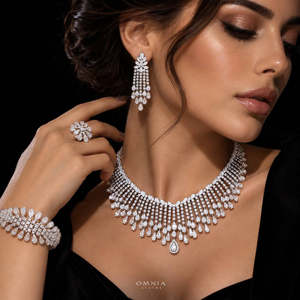 Omnia Elvina White Luxury Bridal Full Set in High Quality Zircon Stone in Rhodium Plated