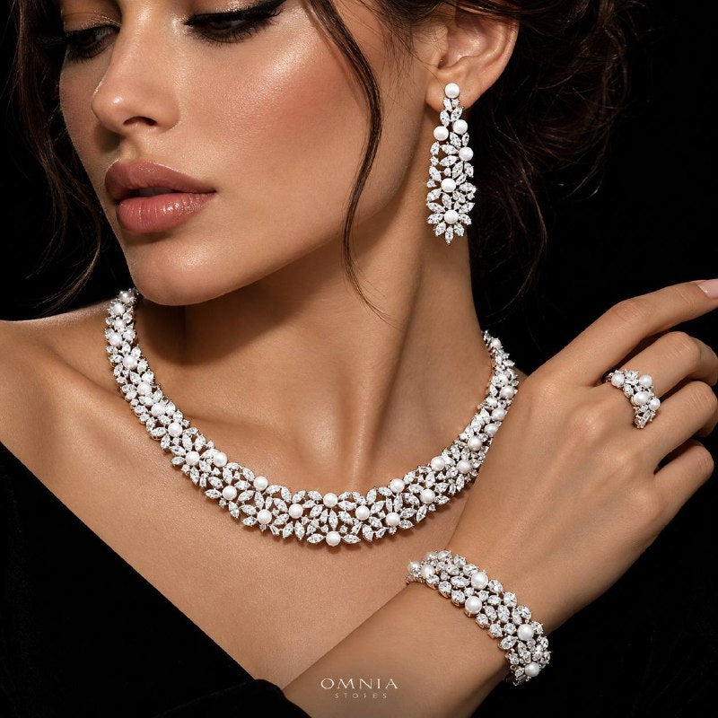 Omnia Fadwa Luxury Bridal Set – Pearl & Zircon Statement Jewelry Rhodium Plated