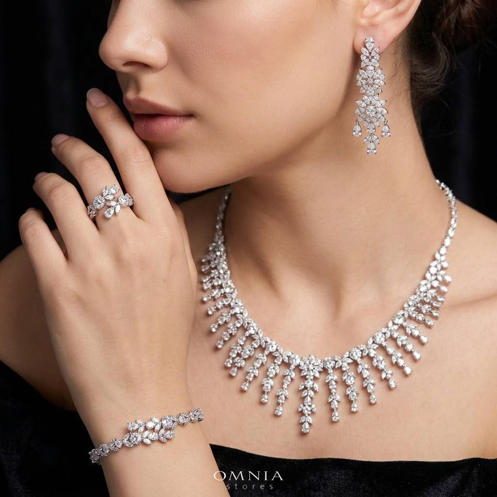 Omnia Farida White Luxury Bridal Full Set in High Quality Rhodium Plated Zircon Stones