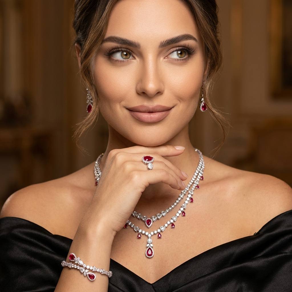 Omnia Ghada Red Bridal Full Set with Rhodium Plated in High Quality Zircon Stone Rhodium Plated (Size 16 Only Available in KSA)