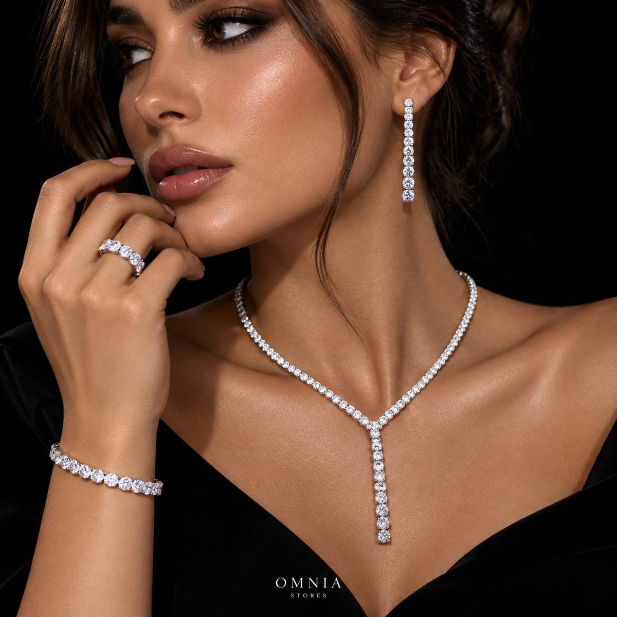 Omnia Huda White Luxury Bridal Full Set in High Quality Zircon Stone Premium Rhodium Plated