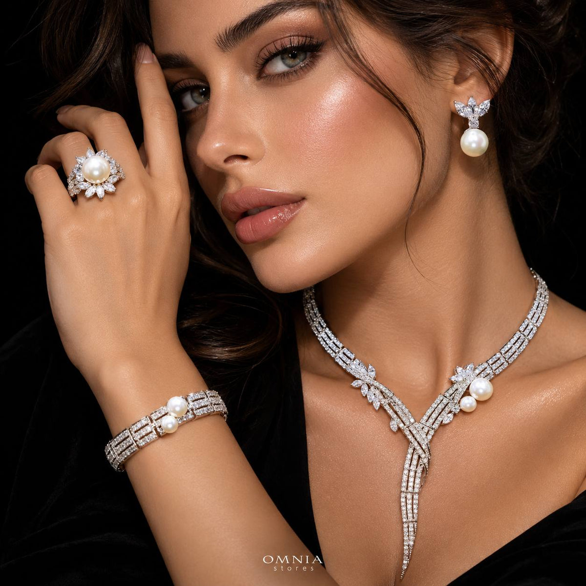 Omnia Larman Luxury Bridal Pearl Full Set in High Quality Simulated Diamonds Premium Rhodium Plated