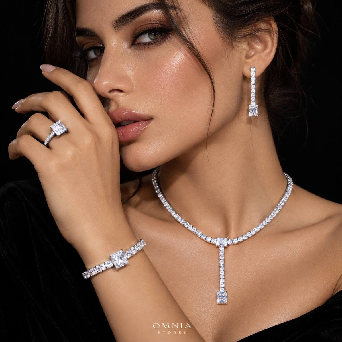 Omnia Linda White Bridal Full Set in High Quality Zircon Stone Premium Rhodium Plated