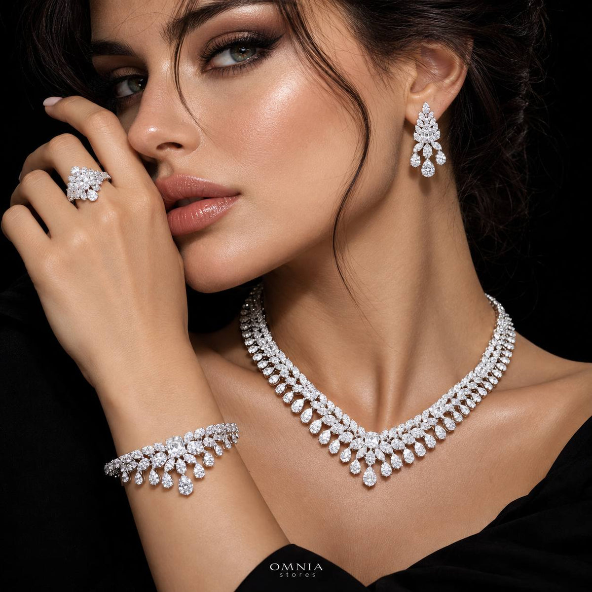 Omnia Mahra Bridal Full Set in High Quality Zircon Stone Premium Rhodium Plated