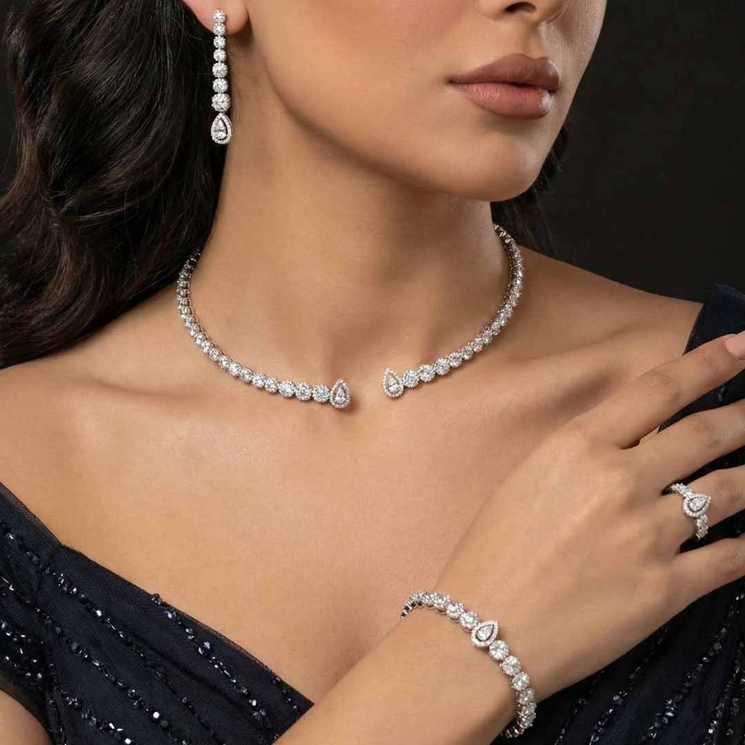 Omnia Mila Luxury White Choker Bridal Full Set in High Quality Zircon Stone Rhodium Plated - OMNIASTORES UAE
