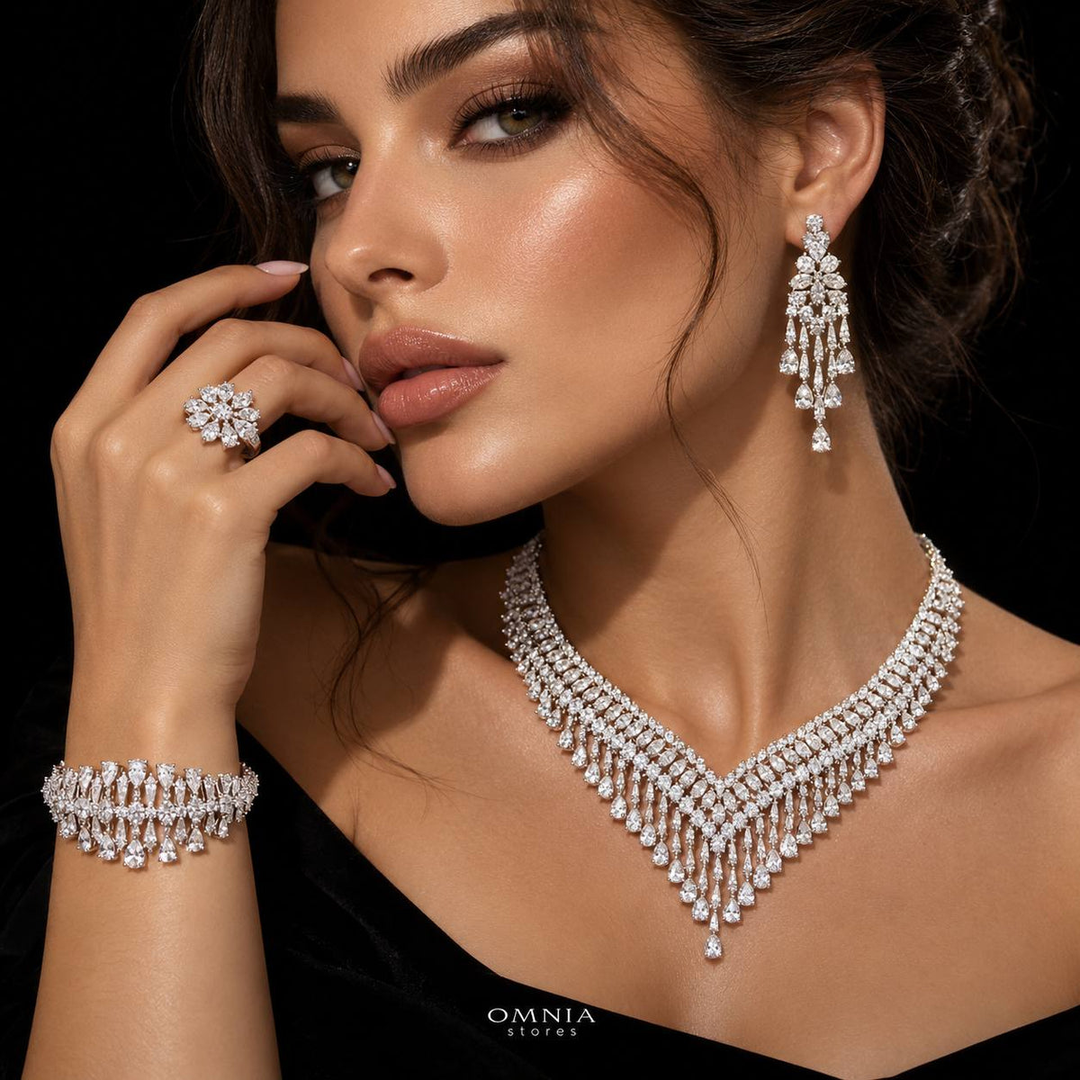 Omnia Miyah White Luxury Bridal Full Set in High Quality Zircon Stone Premium Rhodium Plated