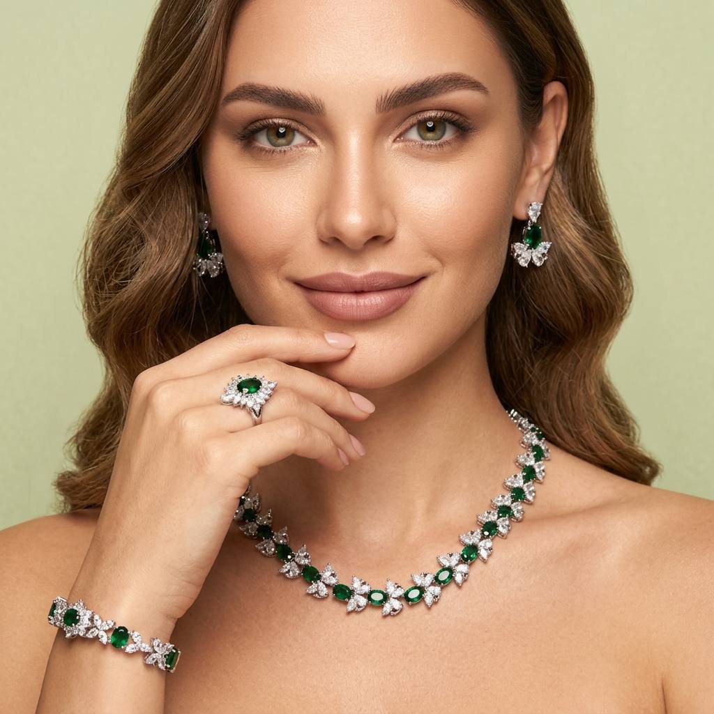 Omnia Muna Green Bridal Full Set in High Quality Simulated Diamonds
