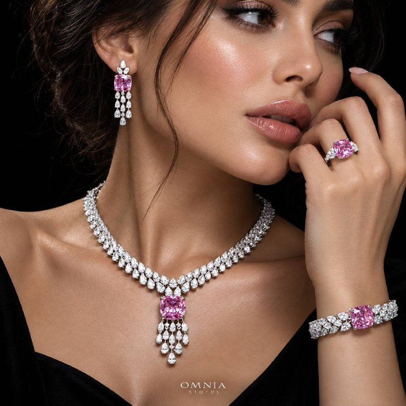 Omnia Nazaha Bridal Full Set in Rhodium Plated with High Quality White and Pink Zircon Stones