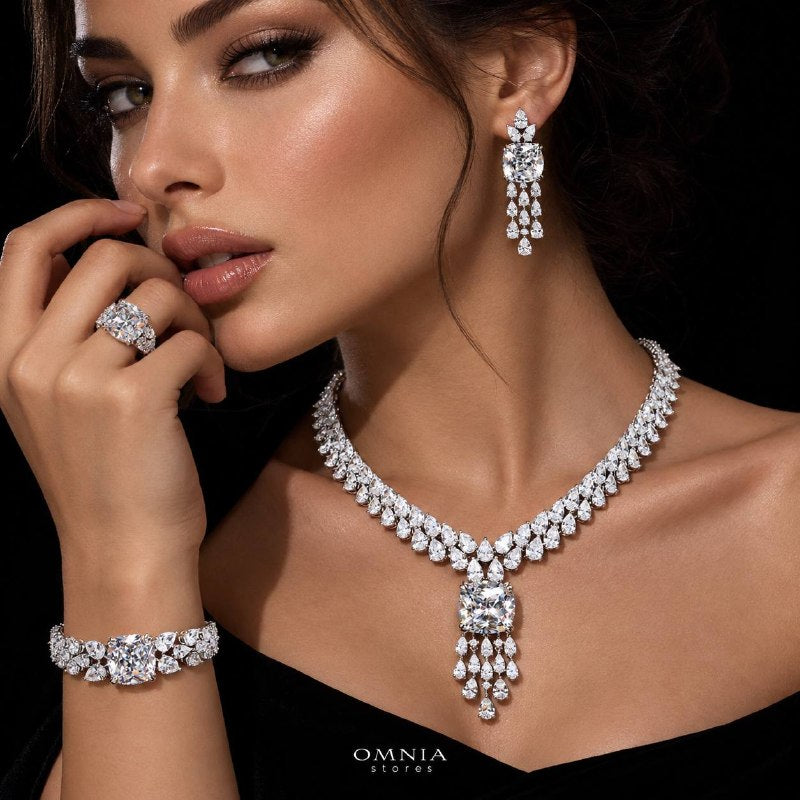 Omnia Nazaha Bridal Full Set in Rhodium Plated with High Quality White Zircon Stones