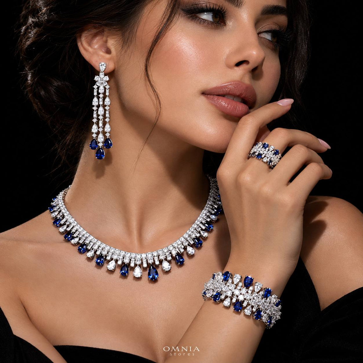 Omnia Nisrine Blue Bridal Full Set in High Quality Zircon Stone Premium Rhodium Plated