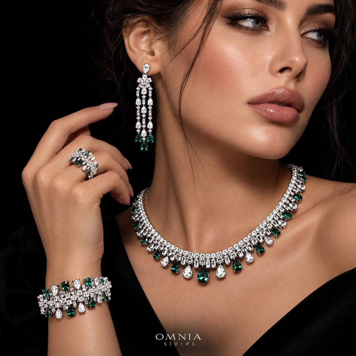 Omnia Nisrine Green Luxury Bridal Full Set in High Quality Zircon Stone Premium Rhodium Plated