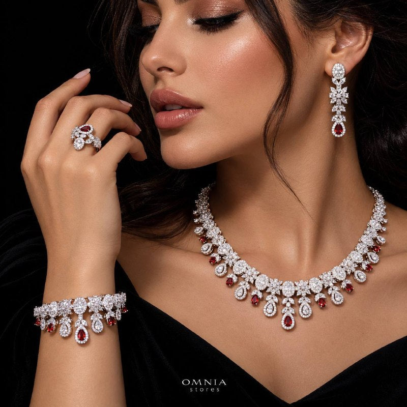 Omnia Trisha Red Full set Accessories in High Quality Zircon Stone Premium Rhodium Plated