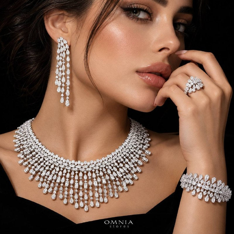 Model wearing the Omnia Adaliya rhodium-plated bridal jewellery set with zircon stones