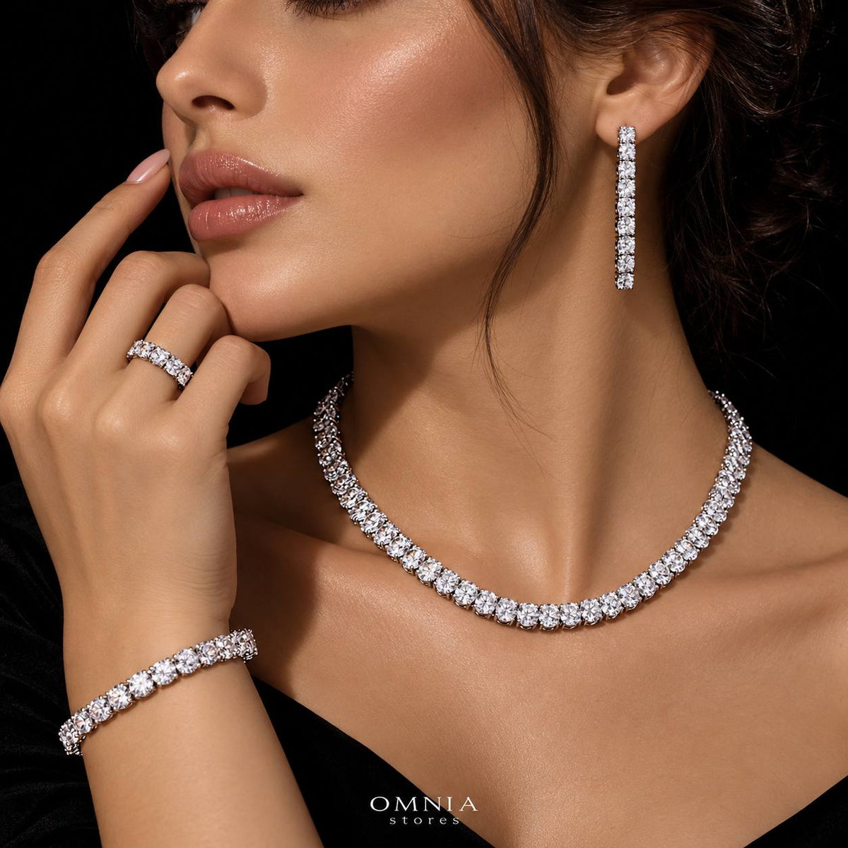 Omnia Ellen White Luxury Bridal Full Set with High Quality Zircon Stones and Premium Rhodium Plating on model