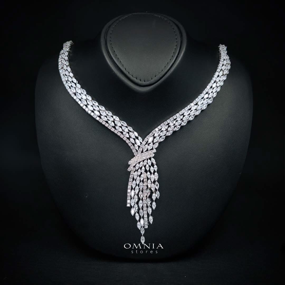 Omnia Fatma bridal necklace with white zircon stones and rhodium plating