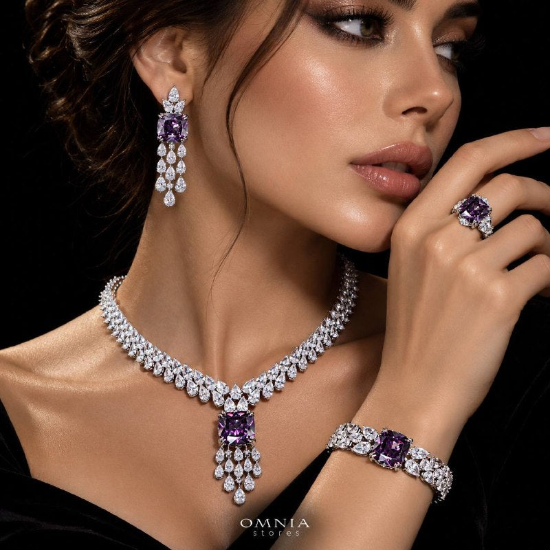 Model wearing the Omnia Nazaha purple zircon bridal jewellery set
