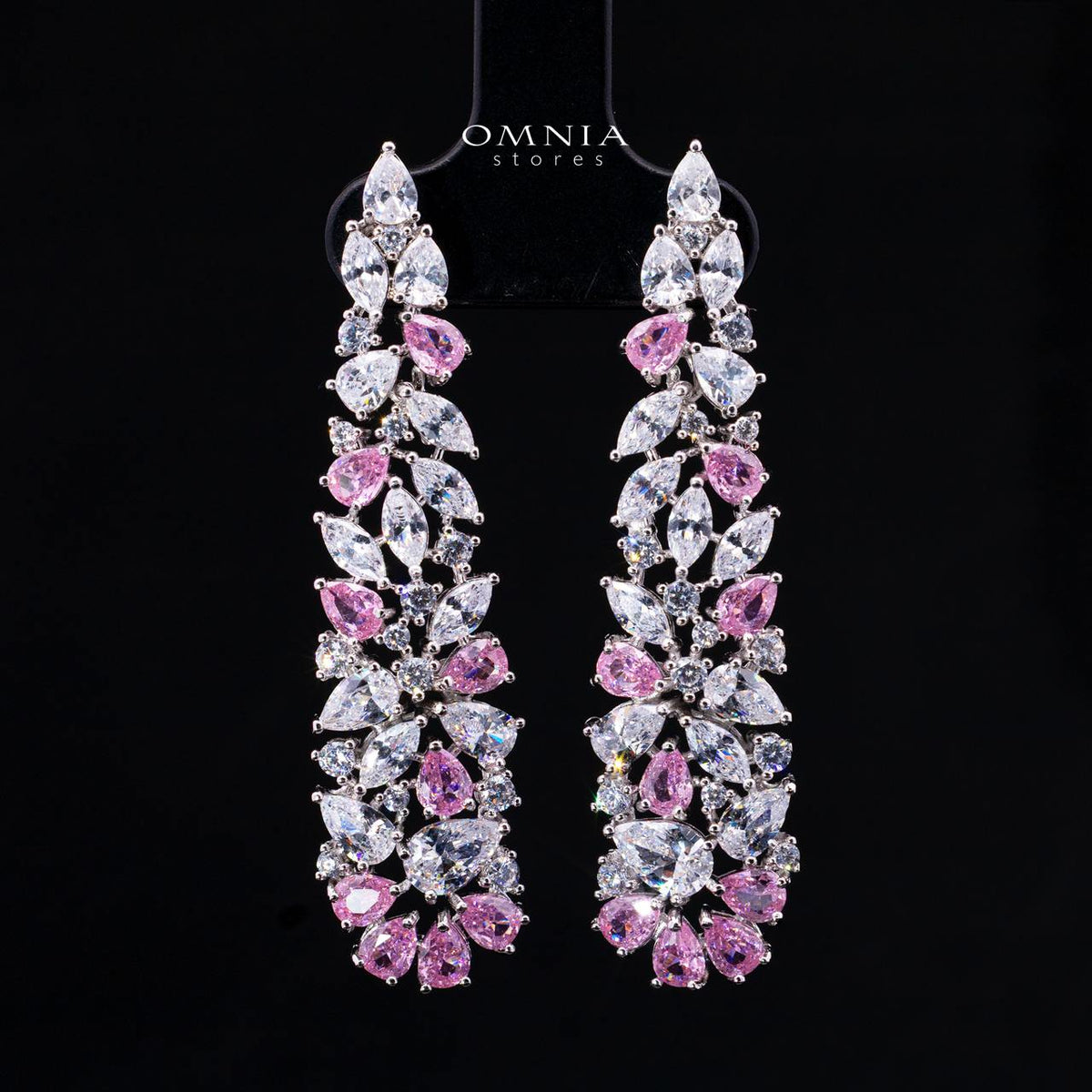 Omnia Safira long bridal drop earrings with cascading pink and clear zircon floral clusters