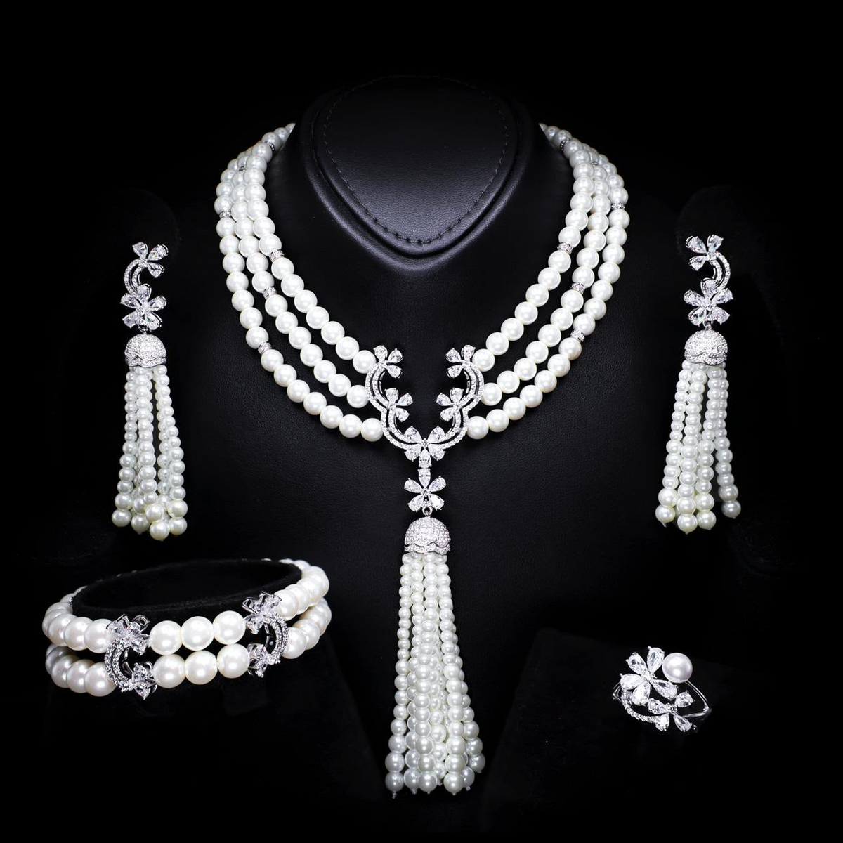 Omnia Sahar multi-layer pearl bridal jewellery set with zircon stones