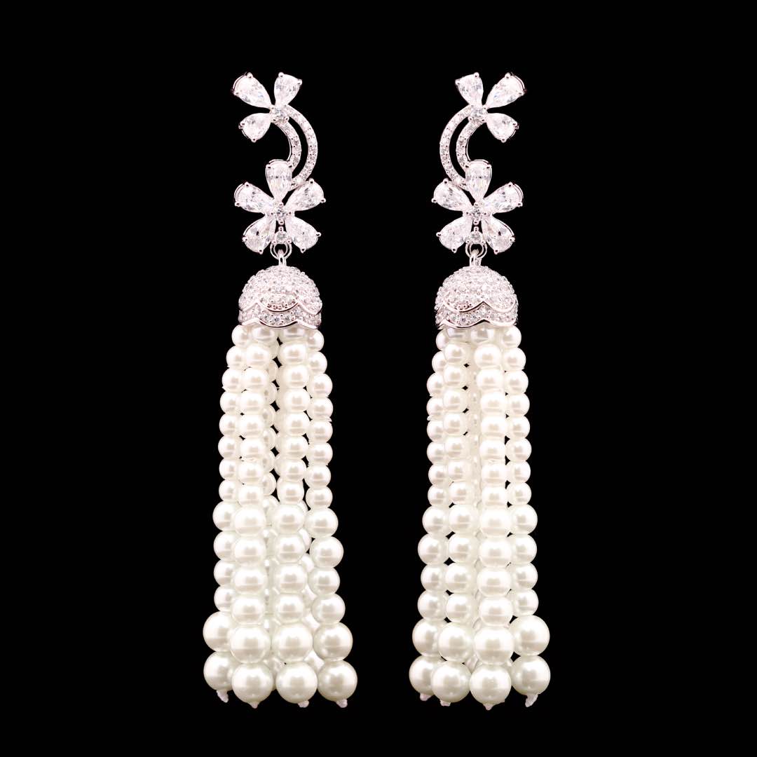 Omnia Sahar pearl bridal earrings with zircon stones