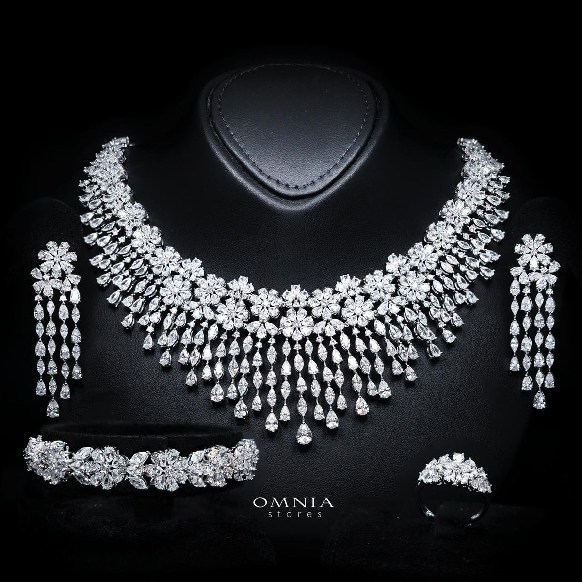 Omnia Seema White full bridal jewellery set with zircon stones and rhodium plating
