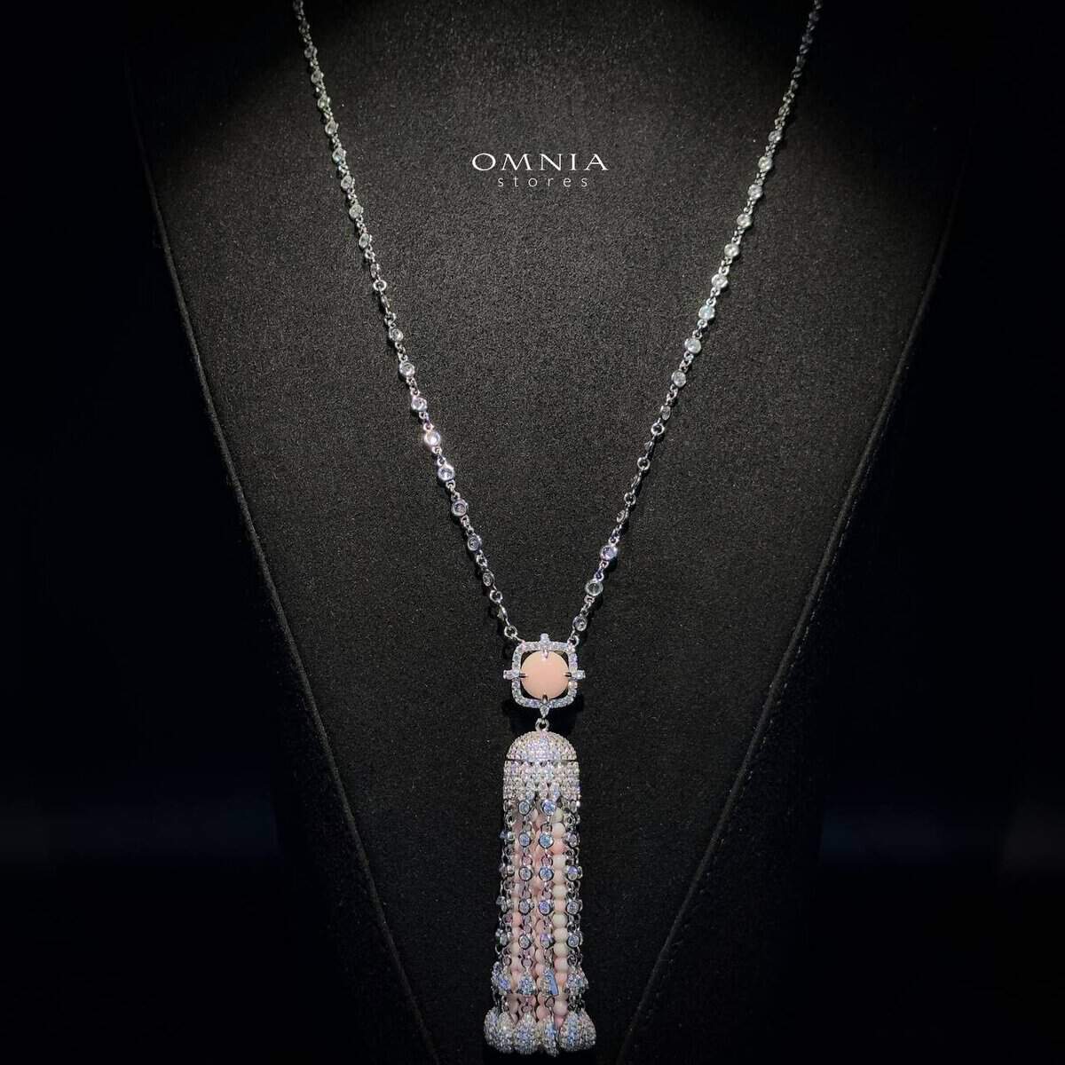 Omnia Yasmin Pink Long Chain Tassel Necklace &amp; Earrings in 925 Silver with High Quality Simulated Diamonds