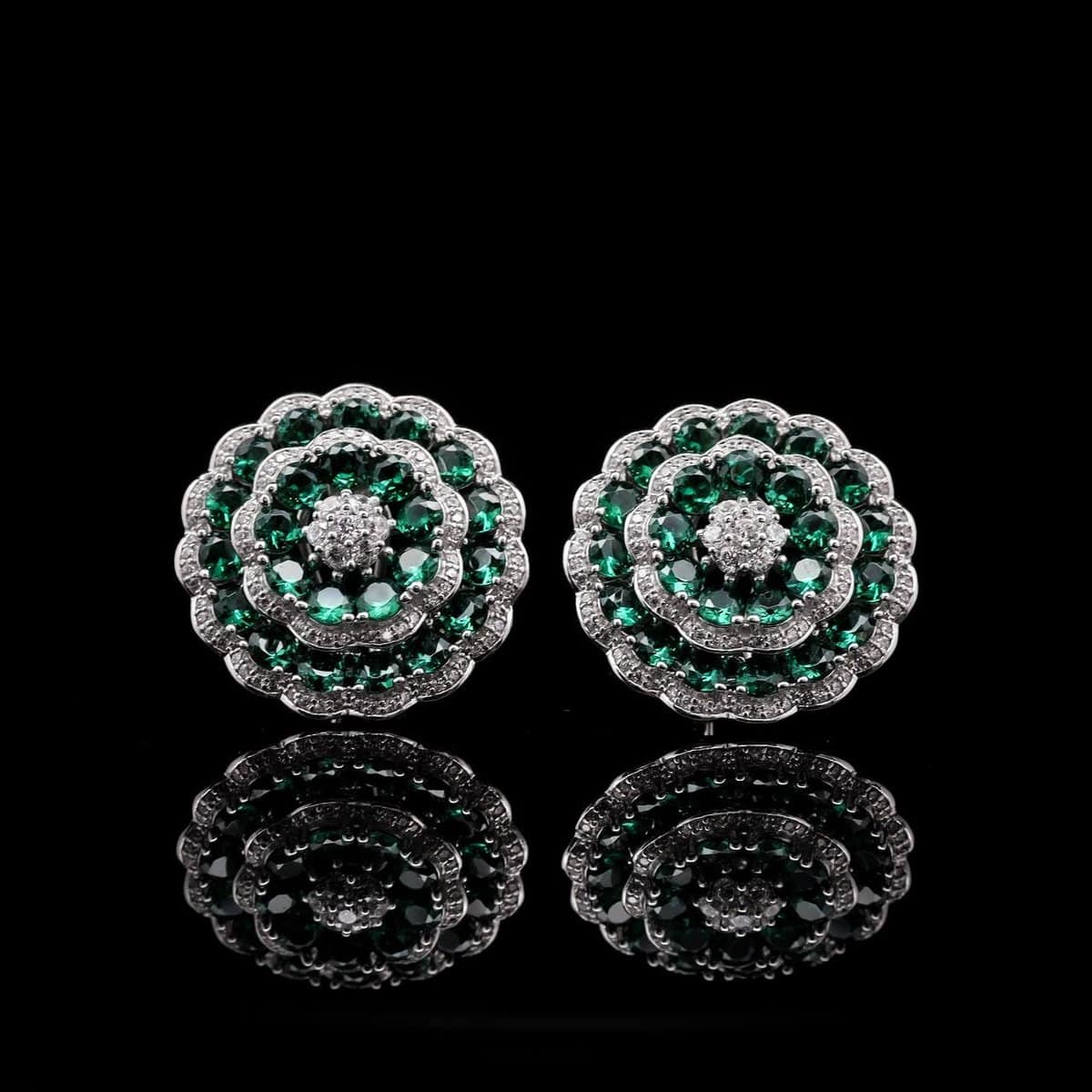 Omnia Nayeli Floral Halo Earrings with Emerald Green Simulated Diamonds in 925 Silver