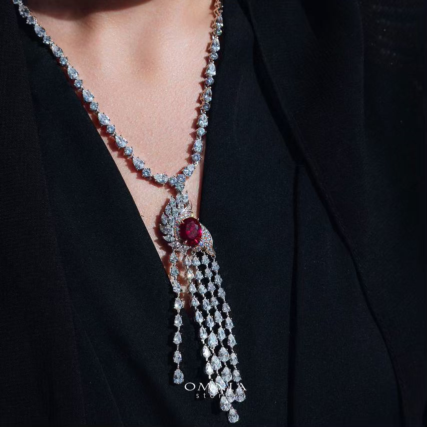 Omnia Bariza Maroon Necklace & Ring Set in 925 Silver with Oval and Marquise-Cut High-Quality Simulated Diamonds - OMNIASTORES UAE