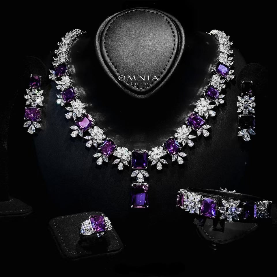 Omnia Charlene Purple Bridal Full Set with Radiant and Pear-Cut High Quality Simulated Diamonds Premium Rhodium Plated - OMNIASTORES UAE