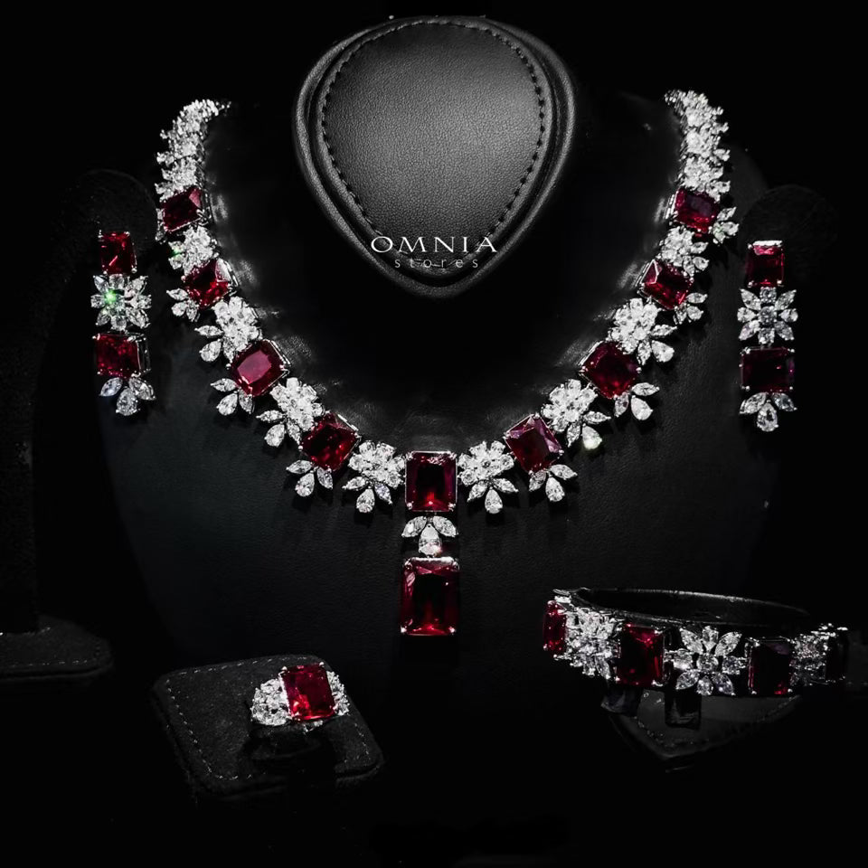 Omnia Charlene Red Bridal Full Set with Radiant and Pear-Cut High Quality Simulated Diamonds Premium Rhodium Plated - OMNIASTORES UAE