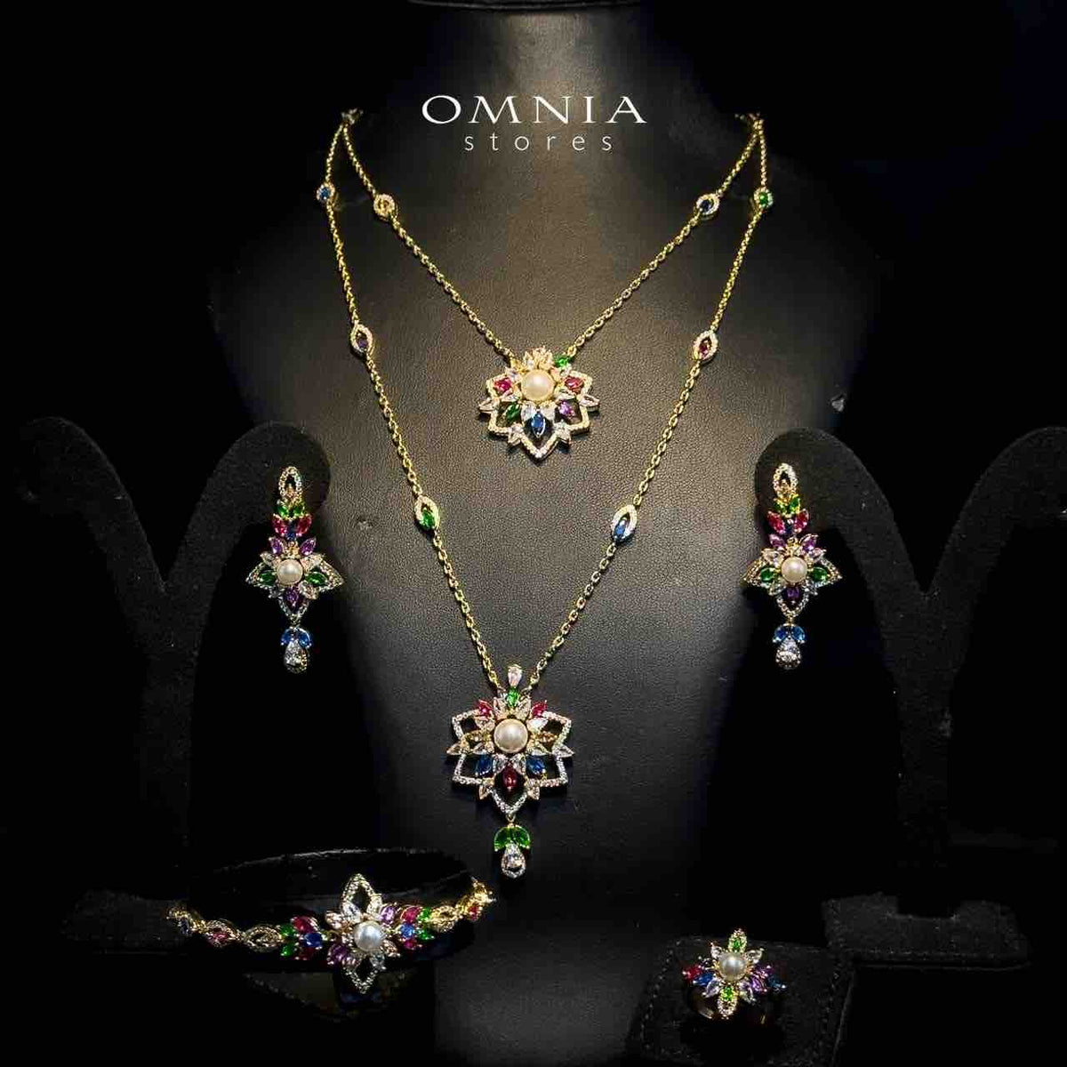 Omnia Safa Golden Multi Colored Bridal Long Chain Full Set in High Quality Zircon Stone Rhodium Plated - OMNIASTORES UAE