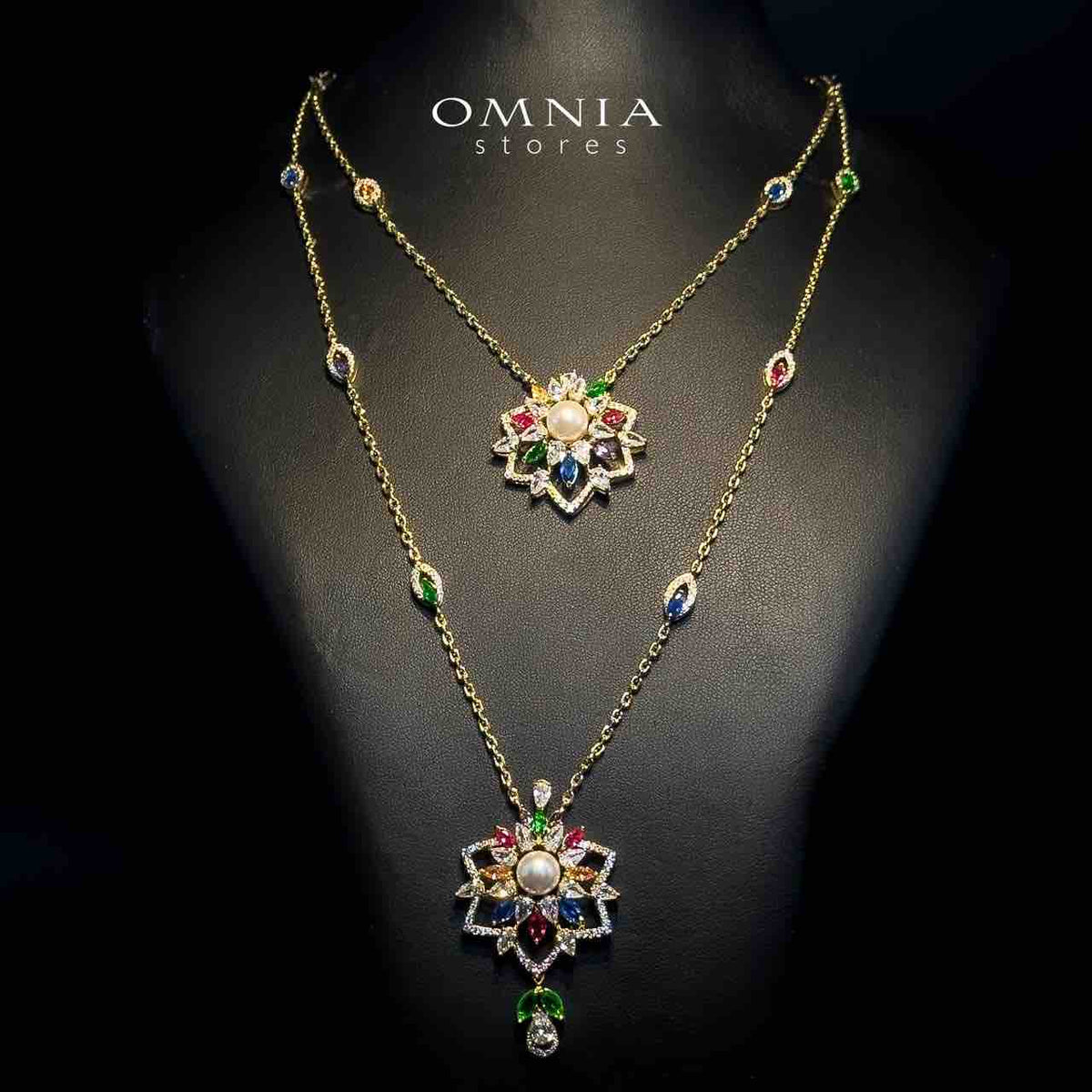 Omnia Safa Golden Multi Colored Bridal Long Chain Full Set in High Quality Zircon Stone Rhodium Plated - OMNIASTORES UAE
