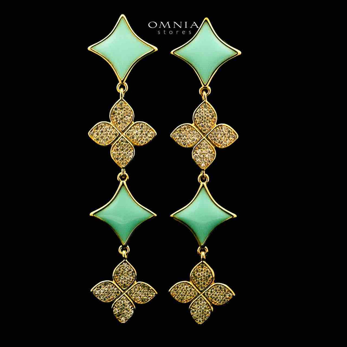 Omnia Golden Clove Turqoise Long Chain Full Set with High-Quality Simulated Diamonds 18k Gold Plated 100cm - OMNIASTORES UAE