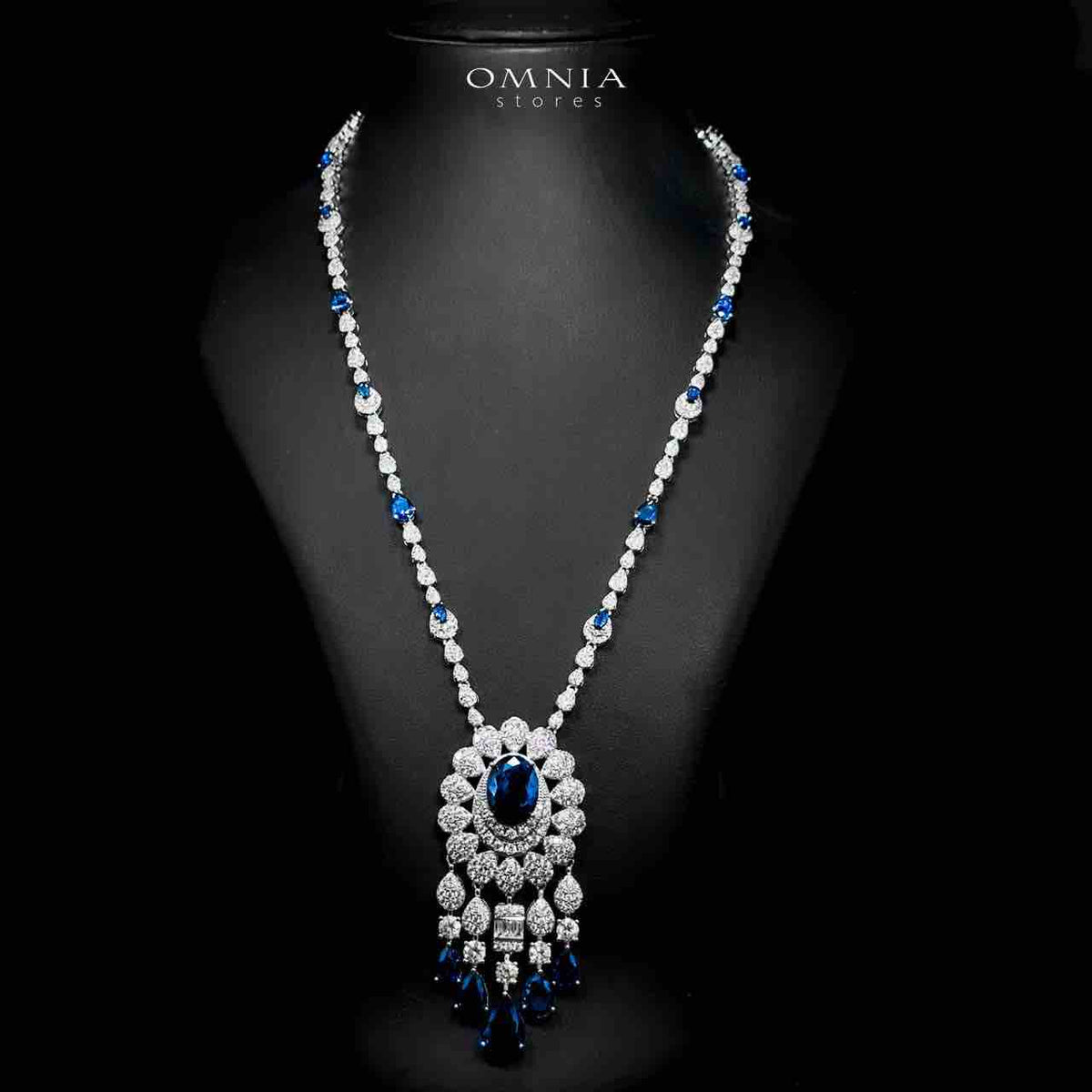 Omnia Aleya Blue Bridal Full Long chain Set in High Quality Simulated Diamonds Rhodium Plated - OMNIASTORES UAE