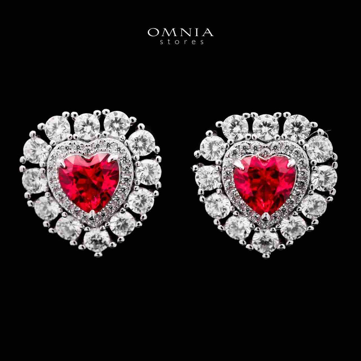 Omnia Lulwaan Silver Heart Earrings In 925 Silver High Quality GRC Certifited Red Lab Grown Ruby Stones - OMNIASTORES UAE